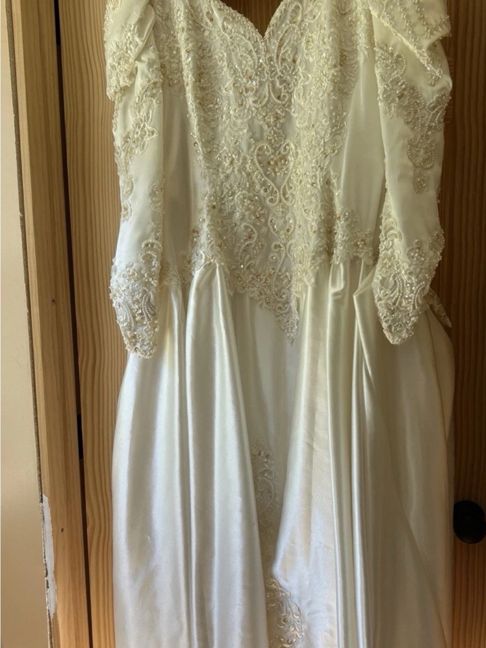 1990s Mon Cherie Ivory Beaded Lace Long Sleeve Dress Wedding dress